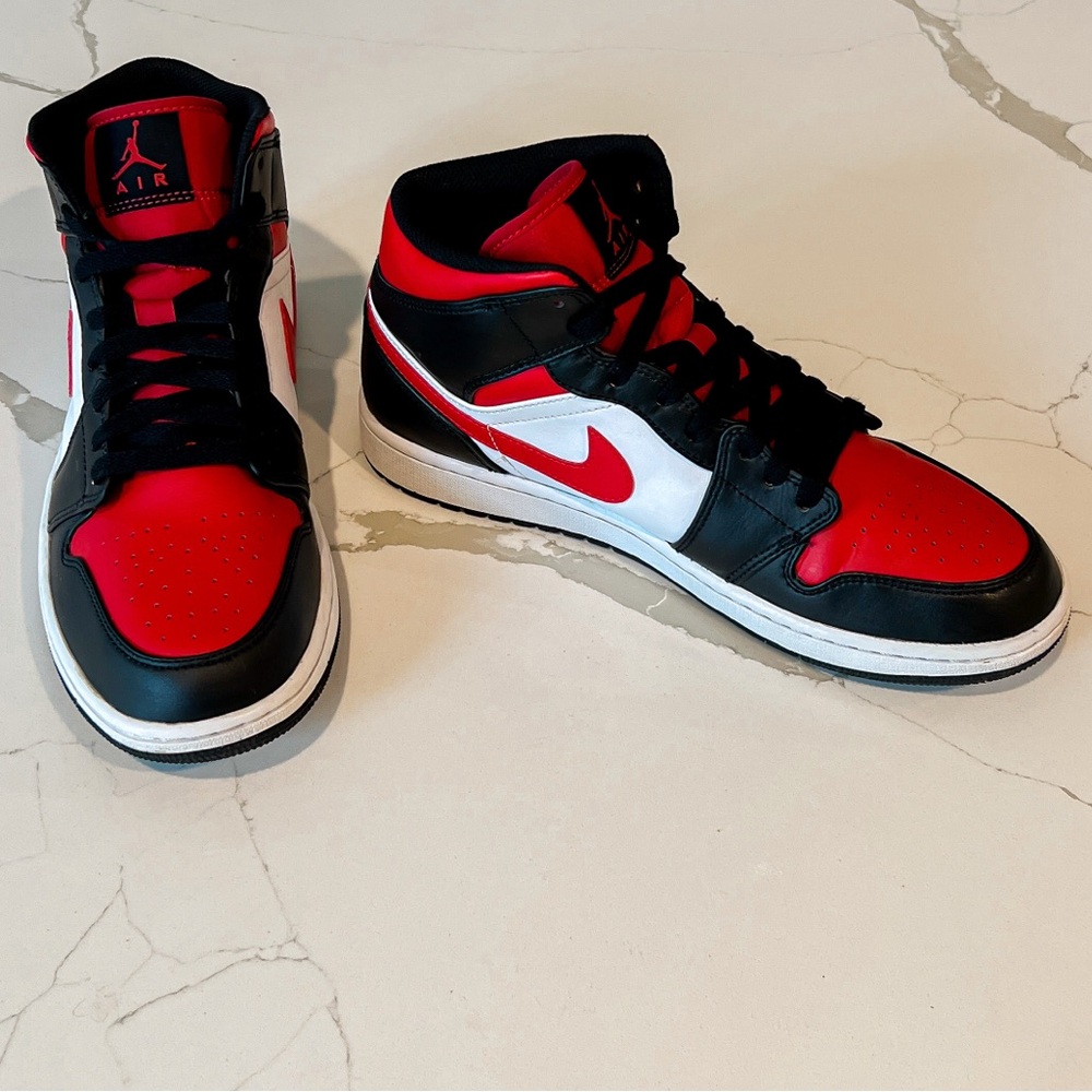 Nike Air Force Jordan 1 Mid Classic Fire Red Black and White Sneakers Mens 9.5